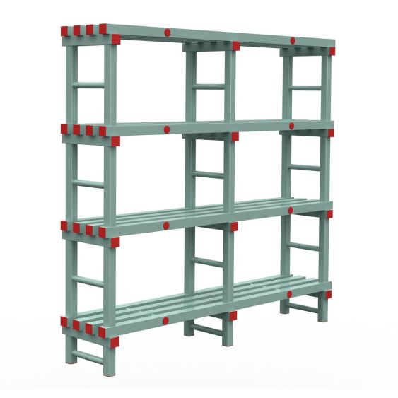 Kunststof Magazijnstelling 1600x400x1500 mm 4 niveau's groen met rode doppen