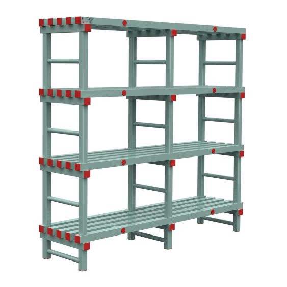 Kunststof Magazijnstelling 1300x600x1500 mm 4 niveau's groen met rode doppen