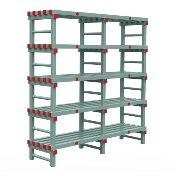 Kunststof Magazijnstelling 1450x600x1500 mm 5 niveau's groen met rode doppen