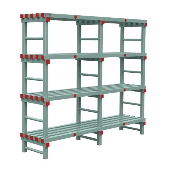 Kunststof Magazijnstelling 1600x500x2000 mm 4 niveau's groen met rode doppen