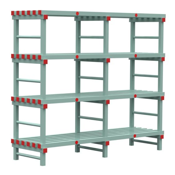 Kunststof Magazijnstelling 1300x600x1800 mm 4 niveau's groen met rode doppen