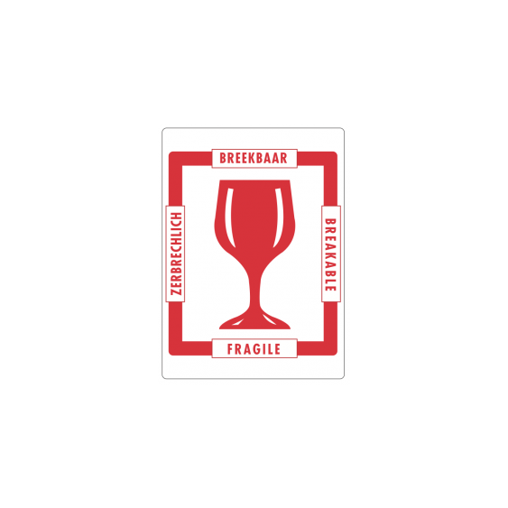 Breekbaar etiket rood/wit - GLAS 4 talen 70x100 mm - 500 etiket/rol